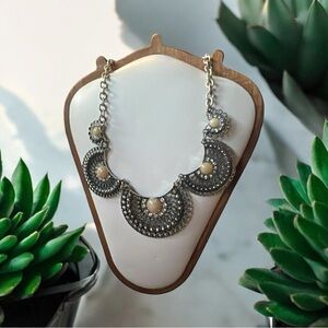 Silver and Cream Crescent Necklace with Ornate Pendants